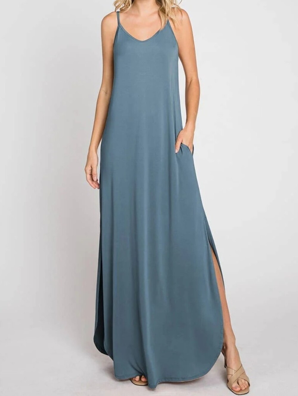 Sleeveless Blue V-Neck Maxi Dress with Side Slit